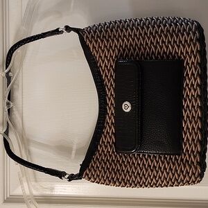 BRIGHTON Edna Black & Tan Woven Handbag with Black Leather Trim